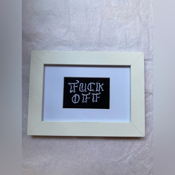 Handmade Needlepoint FUCK OFF White wood and glass frame over black cloth New! - Picture 2 of 5